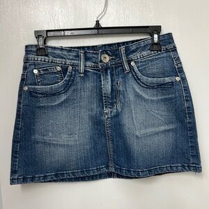Denim mini skirt, Crown decoration on back pockets. Sz. L, Runs Small!